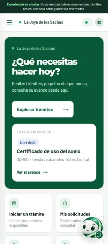 Pantalla del demo con trámites, una solicitud en revisión y la carita de Sachita en la esquina inferior derecha
